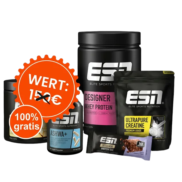 ESN XXL Probierpaket — Designer Whey, Ultrapure Creatine, Flexpresso, Ashwa+ und Designer Bar im Wert von rund 150 Euro